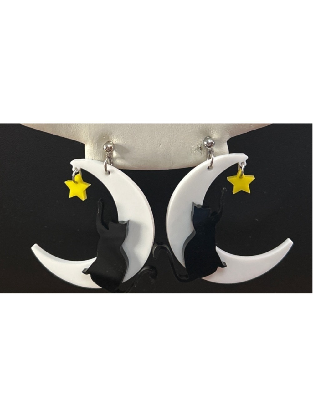 Women's WOOYAS Moon and Cat Drop Earrings in White and Black, One Size
